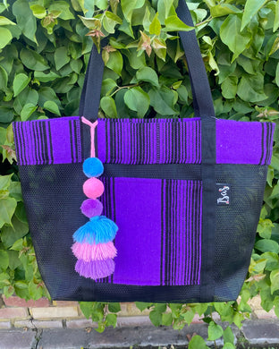 Sarape Mesh Tote Bag Purple w/ pompón #306