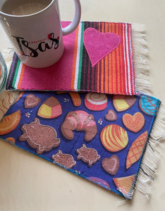 Mug Rug/ Sarape Reversible Tapetito - Blue/ Pan Dulce