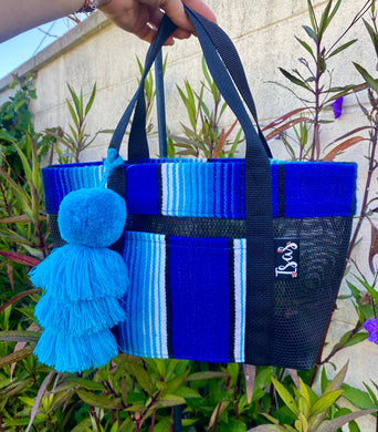 Sarape Mesh Mini Tote Bag/ Lunch Bag w/Blue pompón