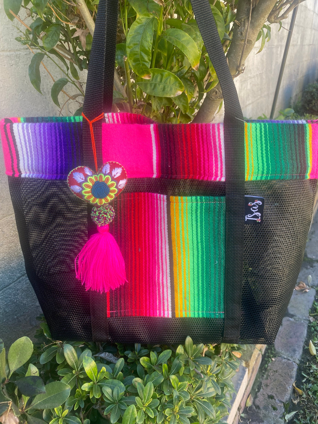 Sarape Mesh Tote Bag Pink w/ pompón #320