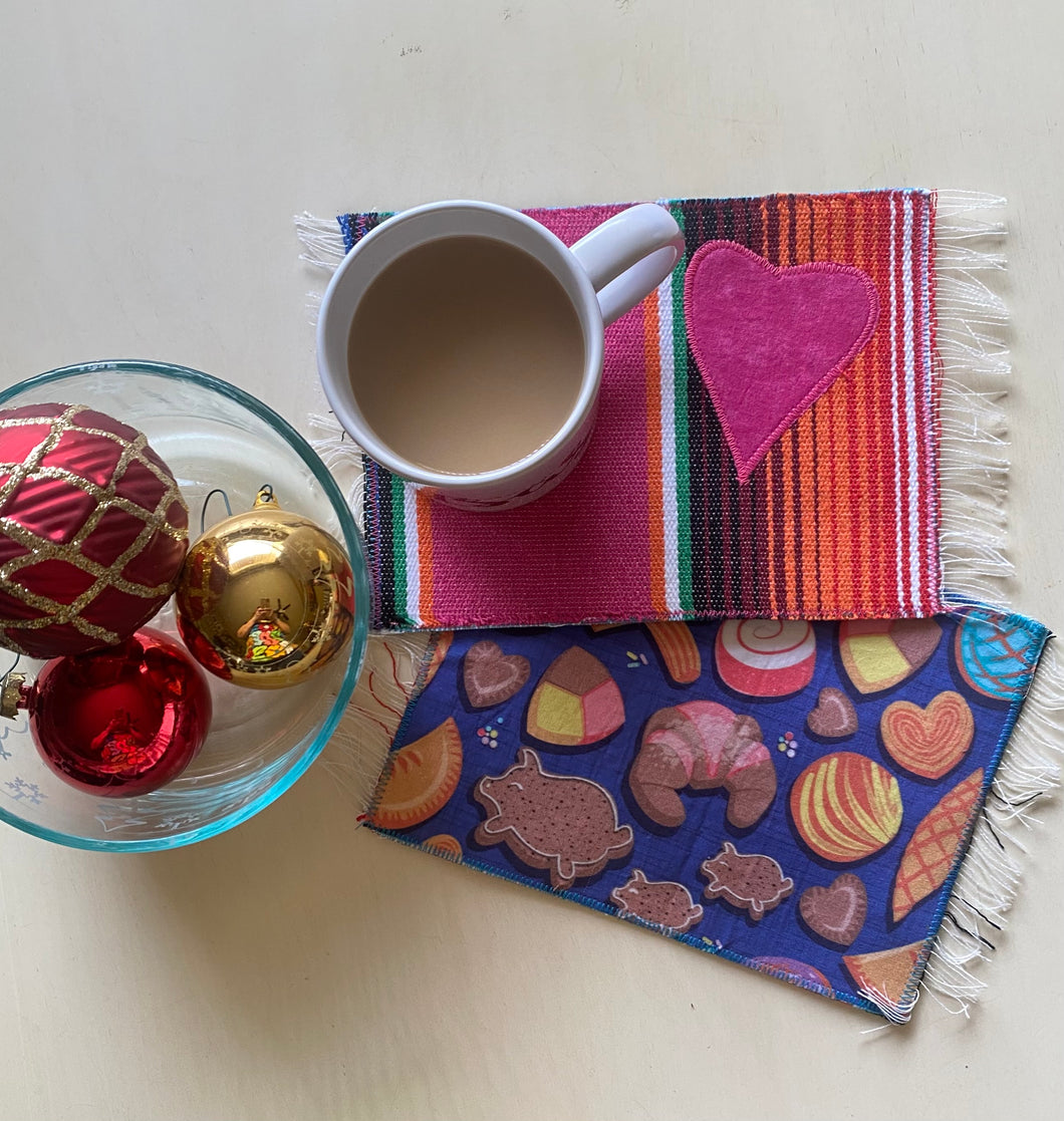 Mug Rug/ Sarape Reversible Tapetito - Blue/ Pan Dulce