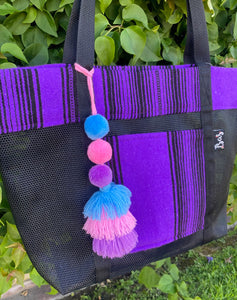 Sarape Mesh Tote Bag Purple w/ pompón #306