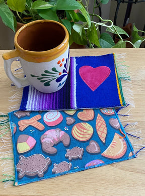 Mug Rug/ Sarape Reversible Tapetito - Blue/ Pan Dulce